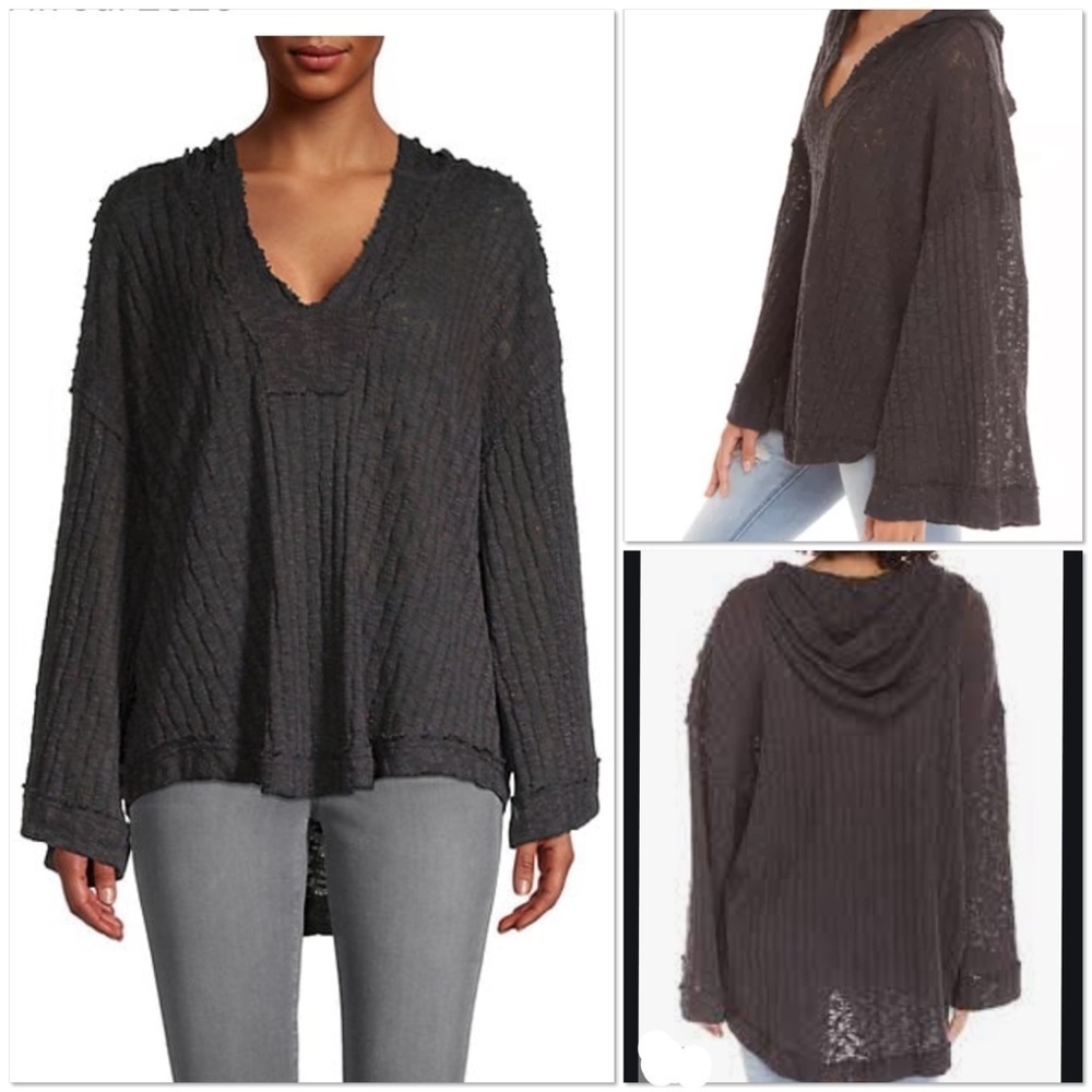 Free People Baja Babe multicolor flecked boho hooded sweater in Washed Black